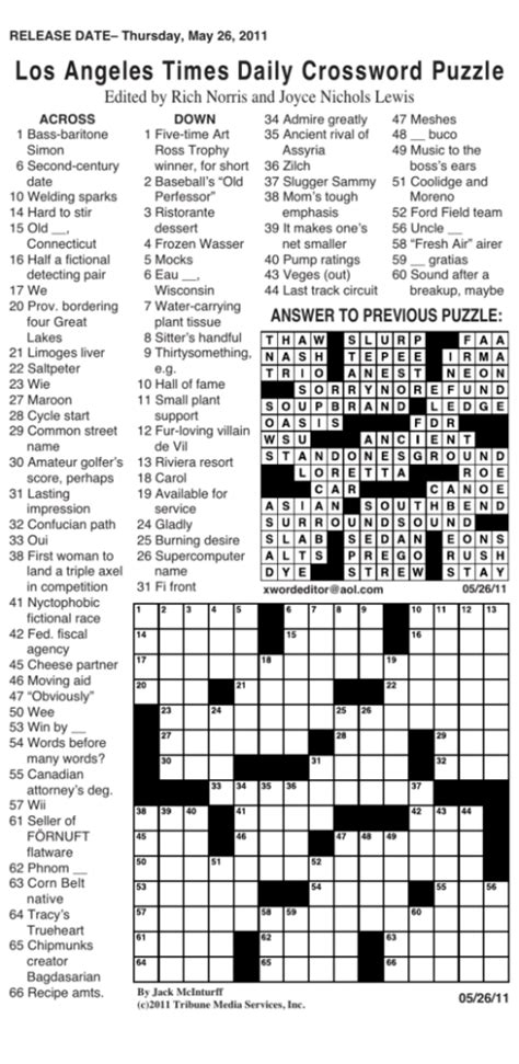 La times crossword puzzle solution for today - Answers to the LA Times Crossword. Menu and widgets. The Latest Puzzles. LA Times Crossword 14 Mar 24, Thursday; LA Times Crossword 13 Mar 24, Wednesday; ... Carson Daly is a radio and television personality who is perhaps best known today as host of the reality show “The Voice”. If you stay up late enough on New Year’s …